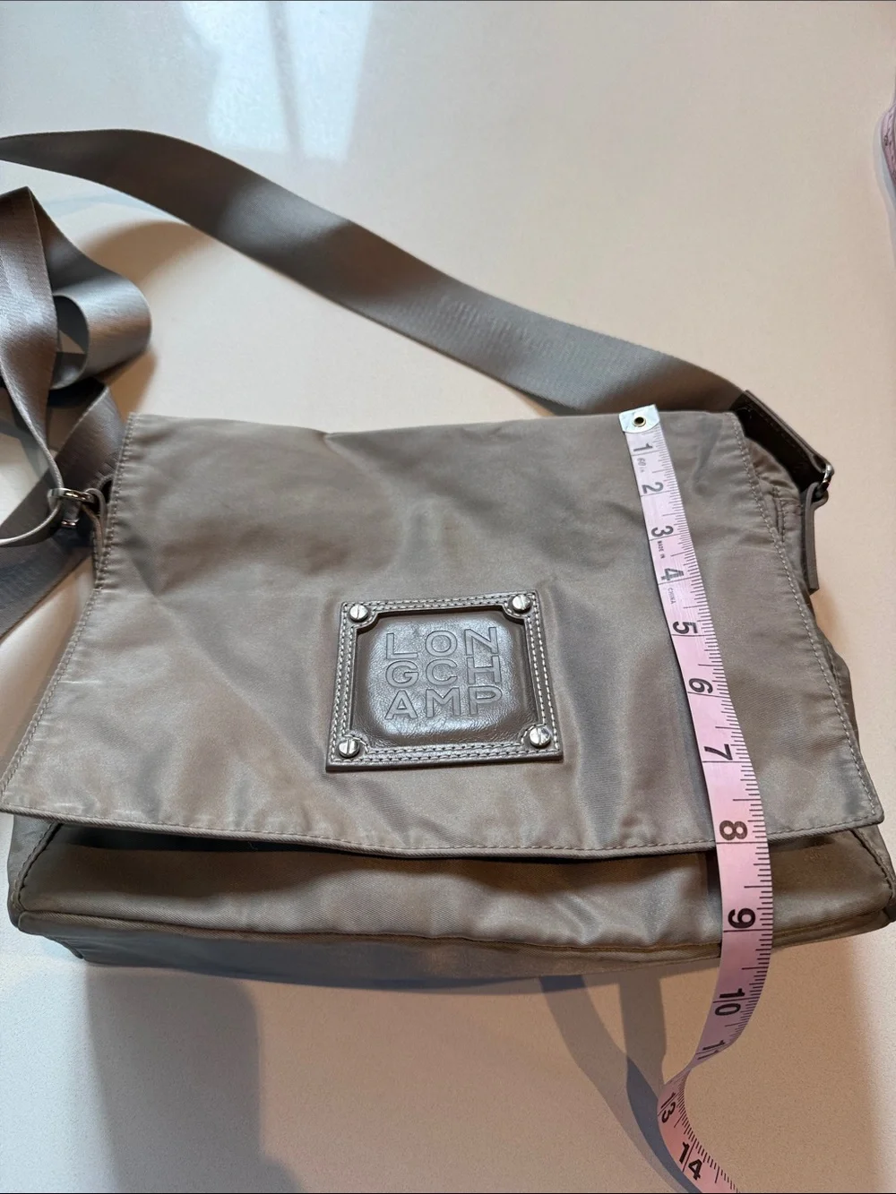 Vintage Longchamp Messenger Bag Crossbody with Branded Strap, Grey Taupe, Nylon